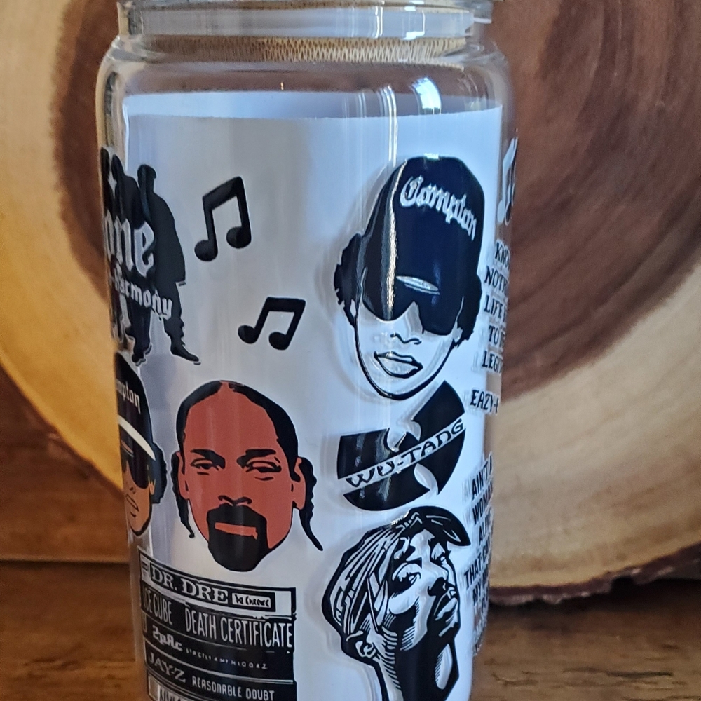 music legends hip hop artists Glass tumbler lid reusable straw 16oz - Picture 4 of 6